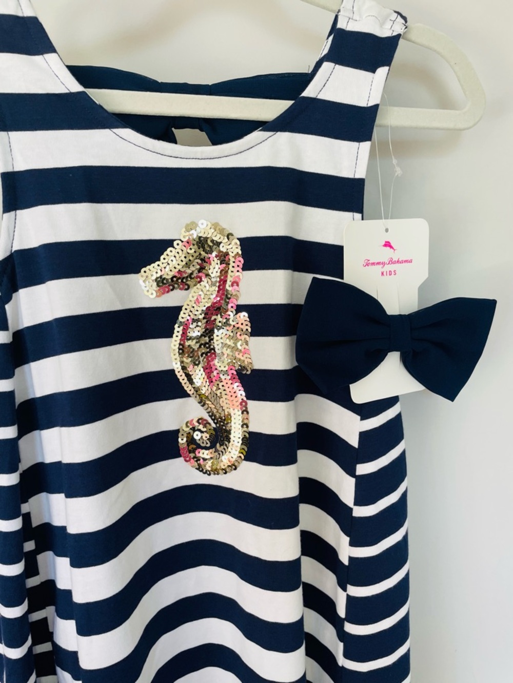 Tommy Bahama Navy & White Striped Girls Dress W Gold Sequin Seahorse & Hair Bow - Picture 3 of 10